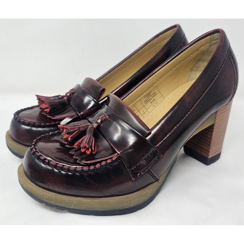 Rare Dr. Martens Romy Tassel Loafer Platform Heels Oxblood Rub Off Leather Sz 7 - Picture 1 of 11